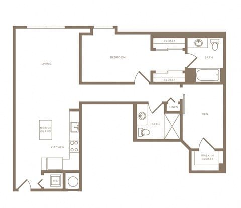 Floor plan for 1 bed, 2 baths, 1122 sqft